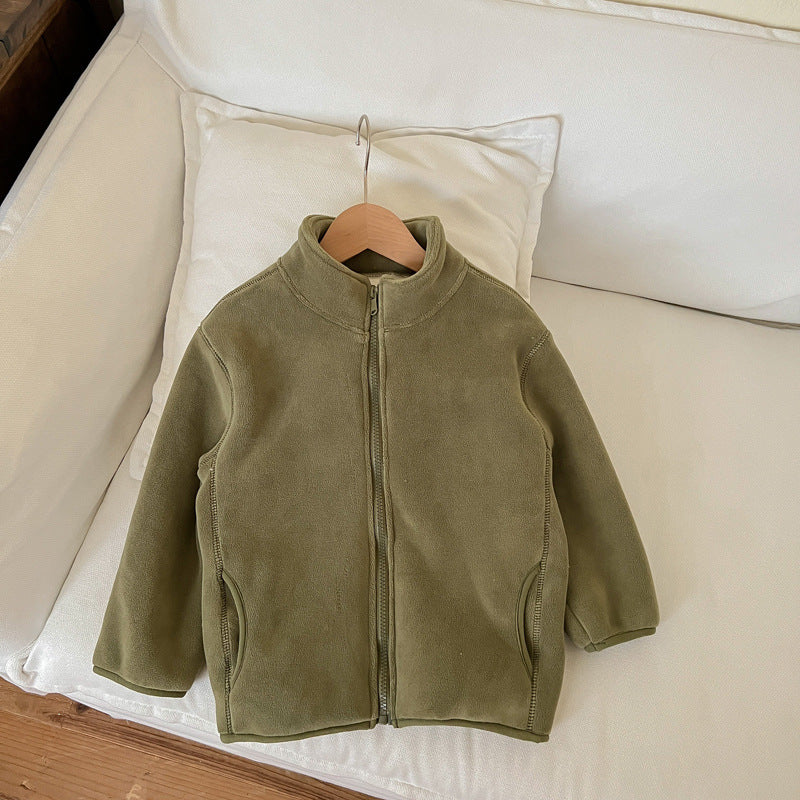 Winter Children Solid Color Fleece-Lined Warm Zipper Coat
