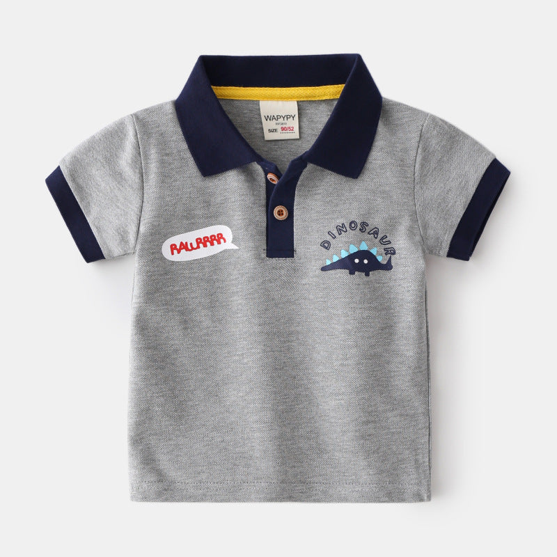 Kids Boys Cute Cartoon Dinosaur Pattern Lapel Short Sleeve T-shirt