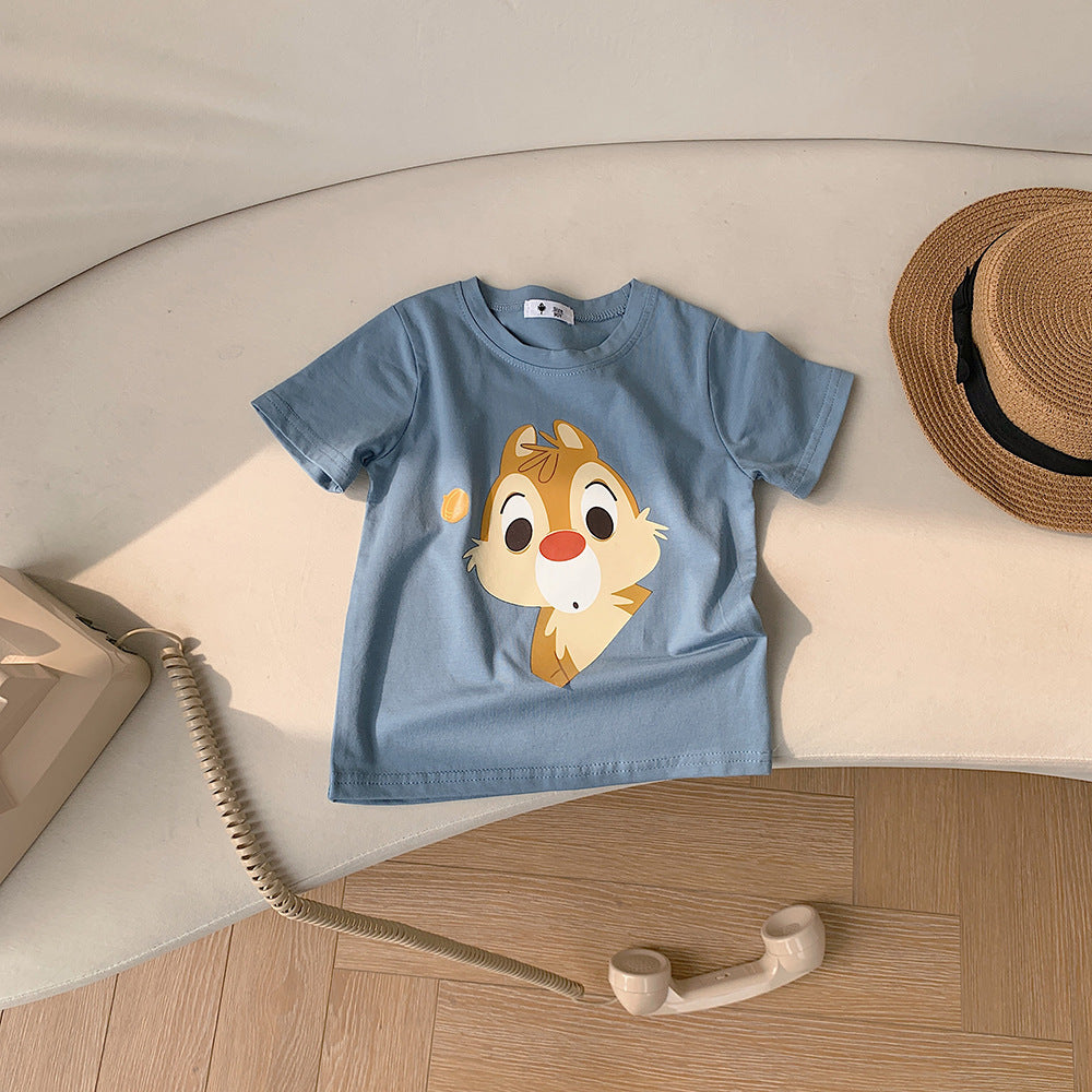 Kids Casual Cartoon Animal Squirrel Pattern Round Neck Short Sleeve Loose T-shirt