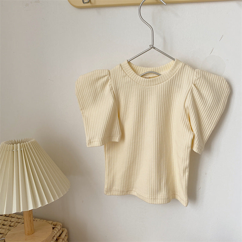 Kids Girls Basic Solid Color Puff Sleeve Round Neck Pit Stripe T-shirt