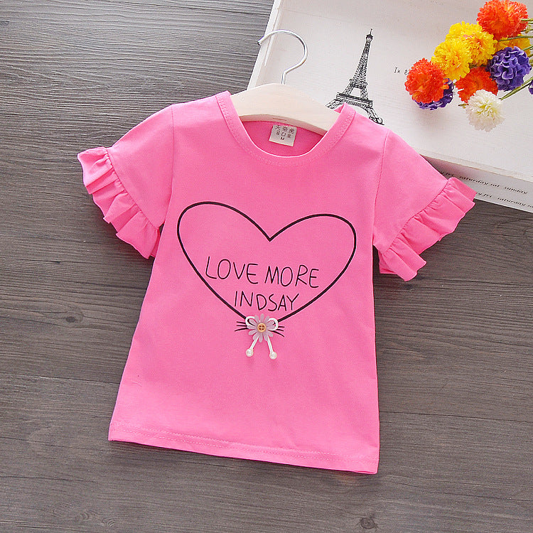 Baby Girls Basic Round Neck Letter Heart Pattern Puff Sleeve Stringy Selvedge T-shirt