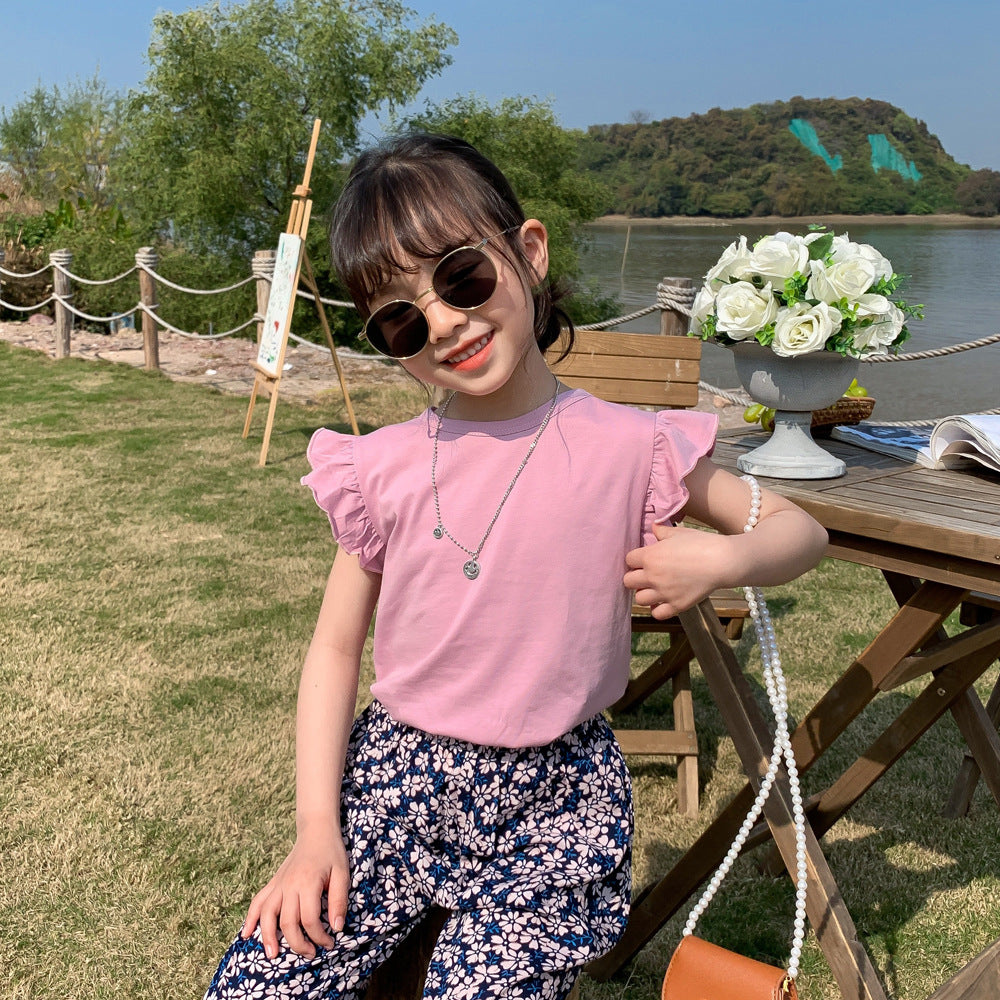 Kids Girls Simple Solid Color Stringy Selvedge Sleeveless Round Neck Loose T-shirt
