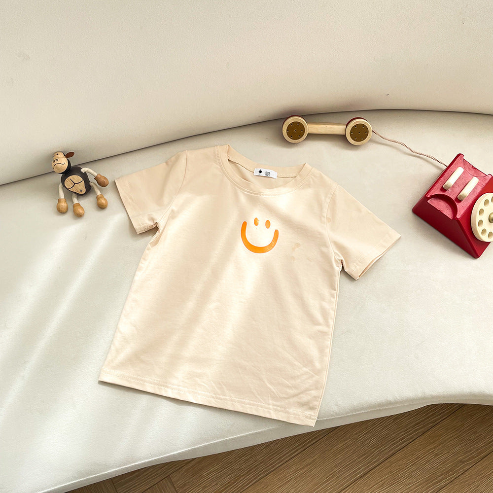 Kids Simple Smile Pattern Round Neck Short Sleeve Loose Casual T-shirt