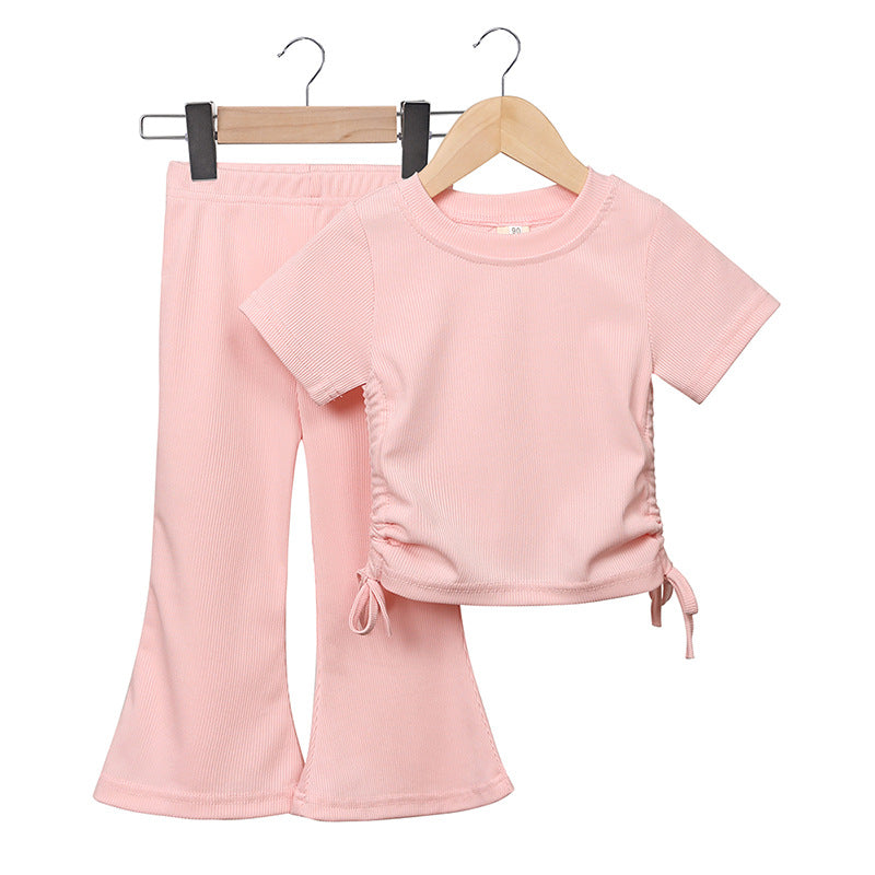 Kids Toddler Girls Casual Cute Solid Color Short Sleeve T-Shirt Flare Trousers Sets
