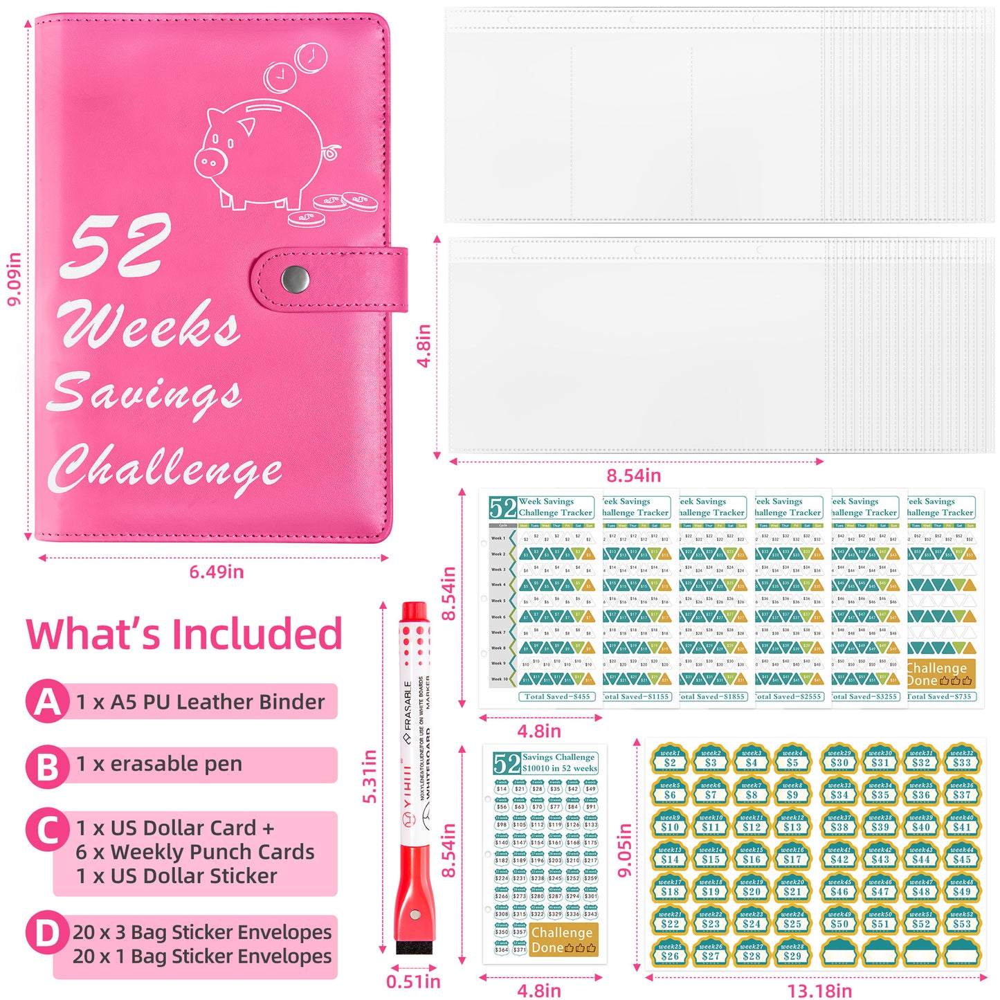 52 Weeks Savings Challenge Loose Paper Book.