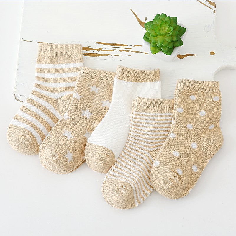 5pairs/set Kids Basic Cartoon Ploka Dot Stripe Soft Socks