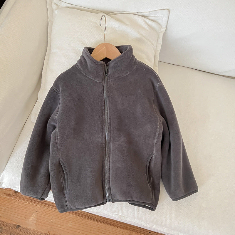 Winter Children Solid Color Fleece-Lined Warm Zipper Coat