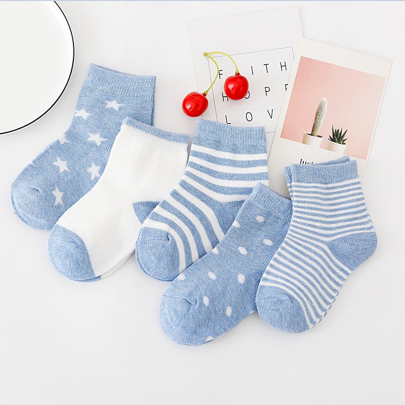 5pairs/set Kids Basic Cartoon Ploka Dot Stripe Soft Socks