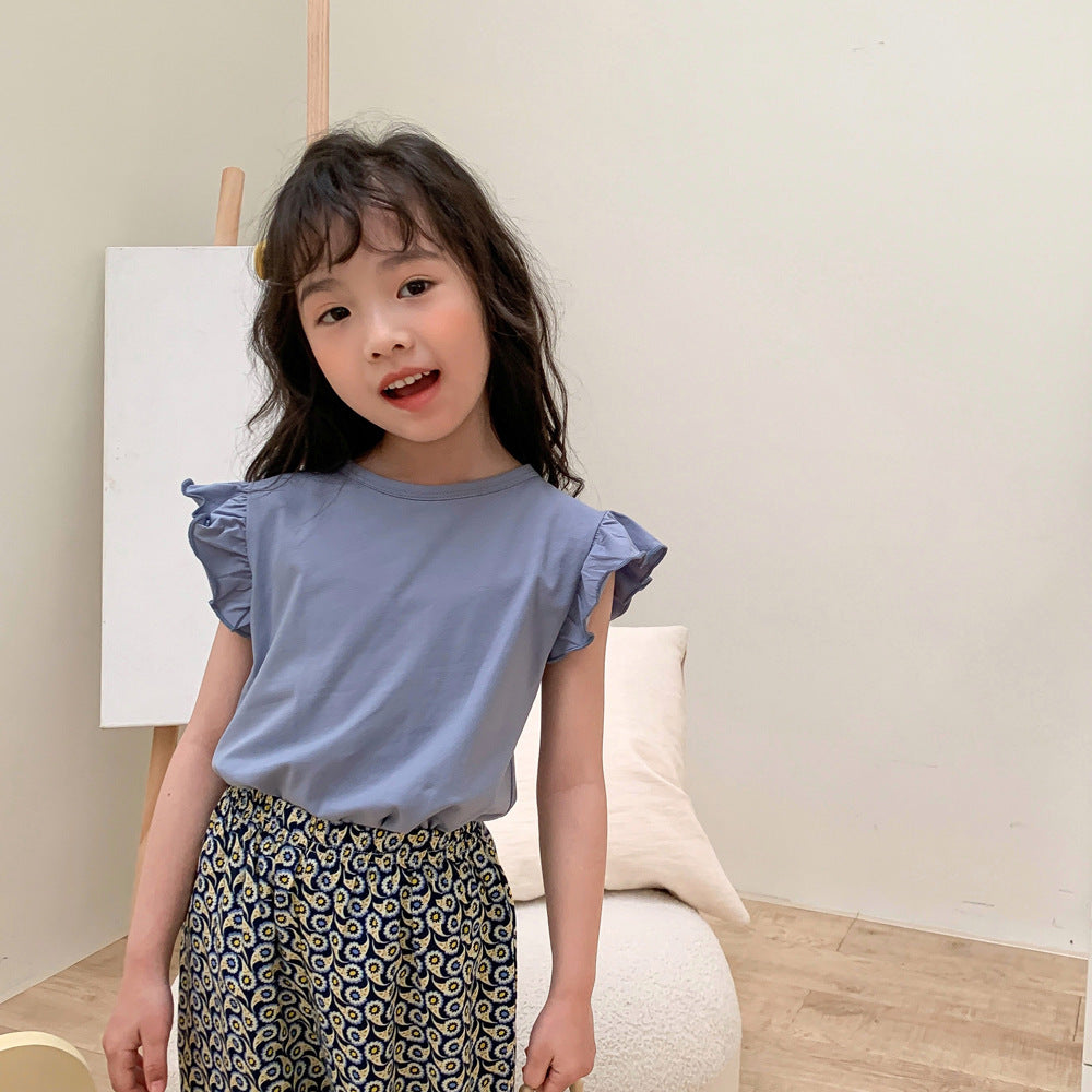 Kids Girls Simple Solid Color Stringy Selvedge Sleeveless Round Neck Loose T-shirt