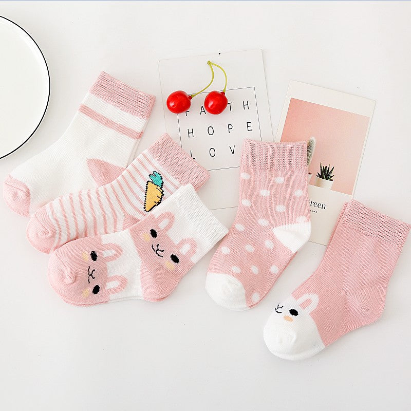 5pairs/set Kids Basic Cartoon Ploka Dot Stripe Soft Socks