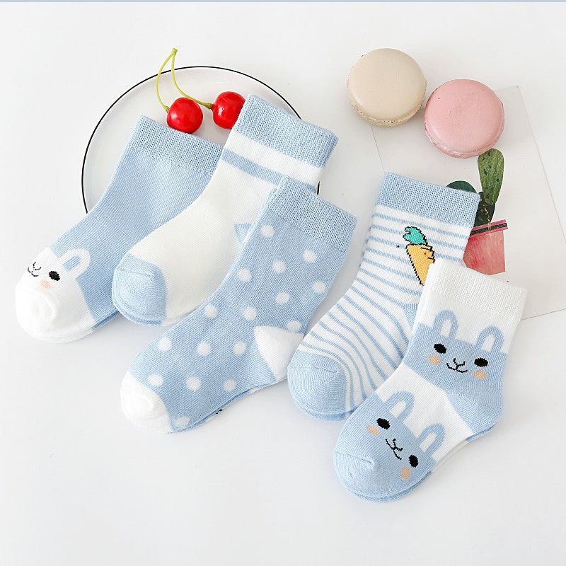 5pairs/set Kids Basic Cartoon Ploka Dot Stripe Soft Socks
