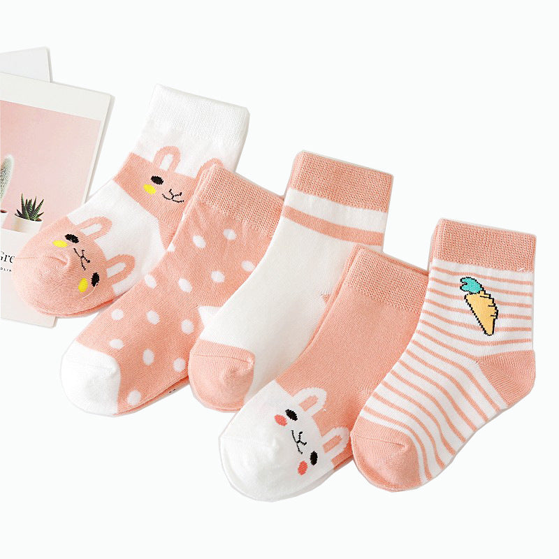 5pairs/set Kids Basic Cartoon Ploka Dot Stripe Soft Socks