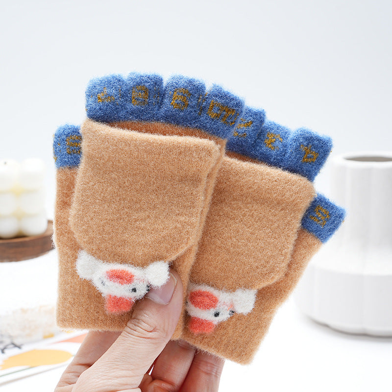 Kids Unisex Fall Winter Casual Cute Cartoon Fleeces Half Finger Clamshell Gloves
