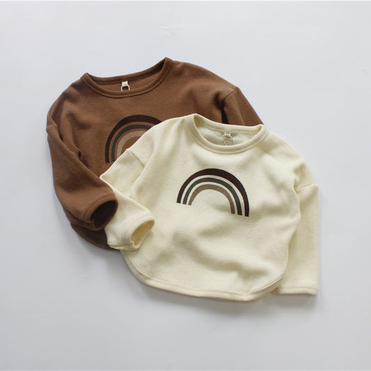 Kids Toddler Boys Girls Casual Cute Rainbow Stripe Waffle Long Sleeve Round Neck T-Shirt