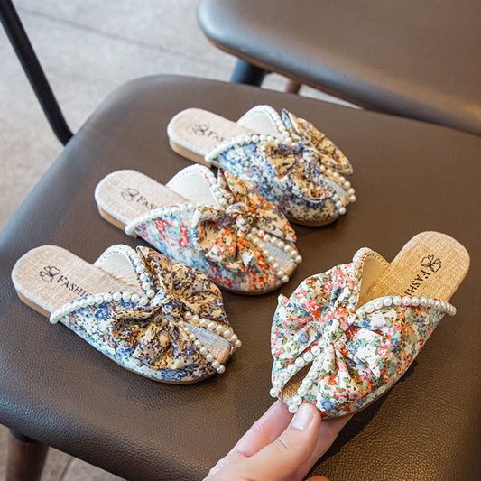Girls Pastoral Bow Pearl Decor Soft Bottom Floral Peep-toe Slippers