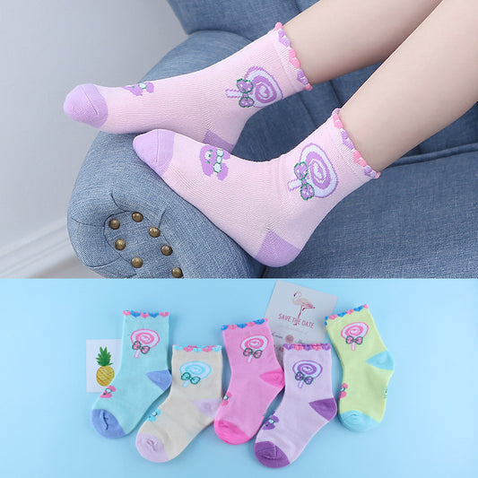 5pairs/Set Kids Girls Cute Cartoon Lollipop Comfortable Breathable Elastic Socks