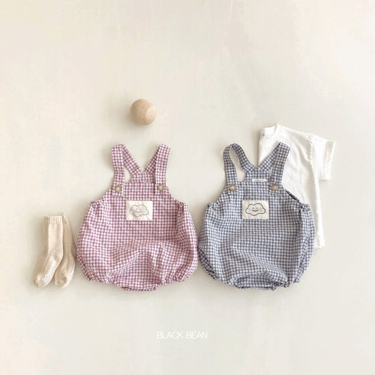 Unisex Babies Cute Smiley Cloud Plaid Suspenders Romper
