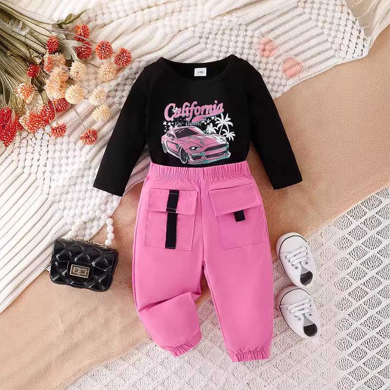 Kids Baby Girls Fashion Casual Car Alphabet Print Long Sleeve T-Shirt Trousers Sets