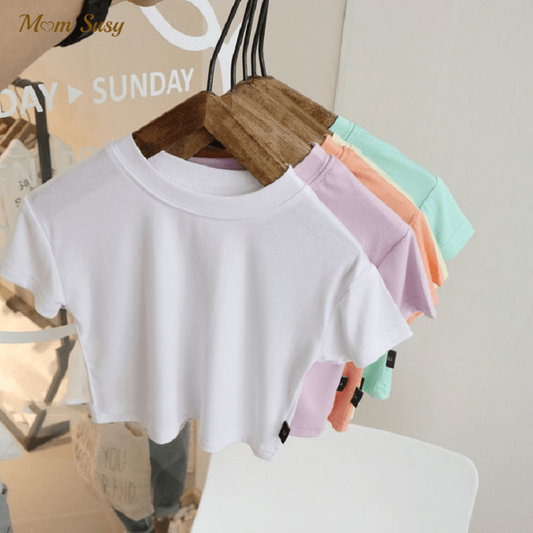 Kids Girls Simple Solid Color Round Neck Short Sleeve Loose T-shirt