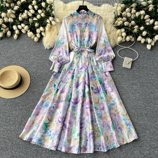 Women Fashion Elegant Floral Printed Lantern Long-Sleeve Lace-Up Dress