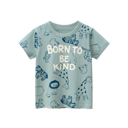 Kids Boys Casual Cartoon Animal All Over Print Round Neck Short Sleeve Basic T-shirt