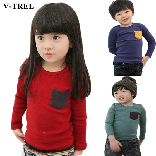 Kids Basic Round Neck Long Sleeve Color Blocking Pocket T-shirt