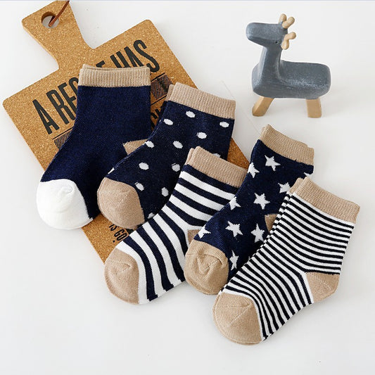 5pairs/set Kids Basic Cartoon Ploka Dot Stripe Soft Socks