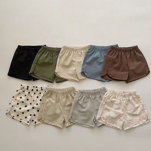 Kids Baby Boys Girls Casual Cute Solid Color Tiny Flower Polka Dot Plaid Print Shorts