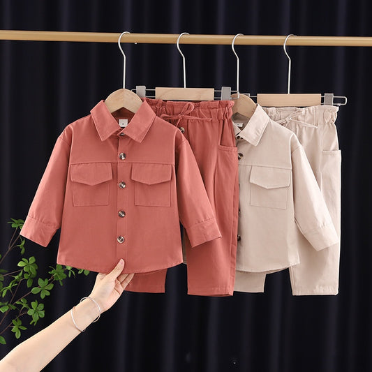 Girls Solid Color Cartoon Lapel Cute Shirt Pants Set