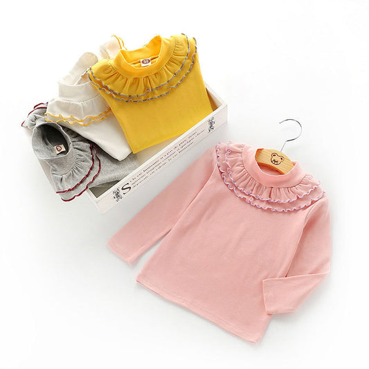 Girls Basic Solid Color Round Neck Long Sleeve Ruffled T-shirt