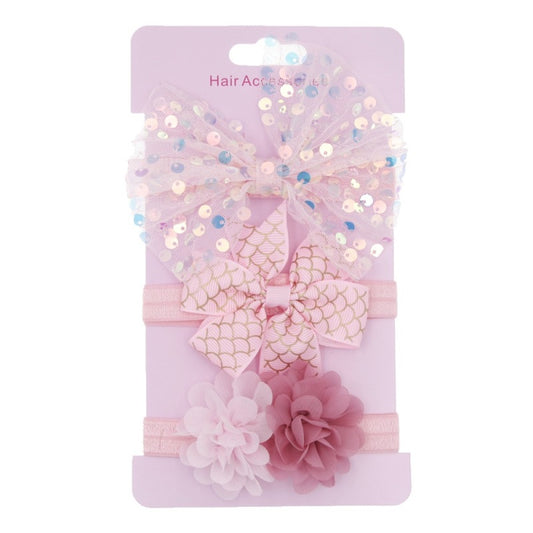 3pcs/set Kids Girls Cute Mesh Sequin Flower Pearl Bow Headband Set