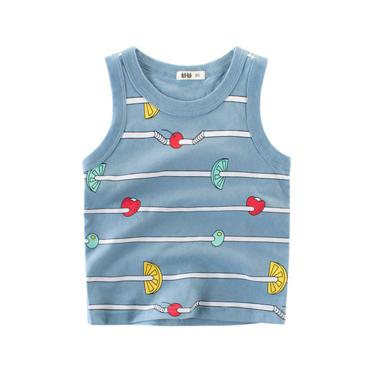 Kids Boys Basic Cartoon Fruit All Over Print Round Neck Sleeveless Casual Vest
