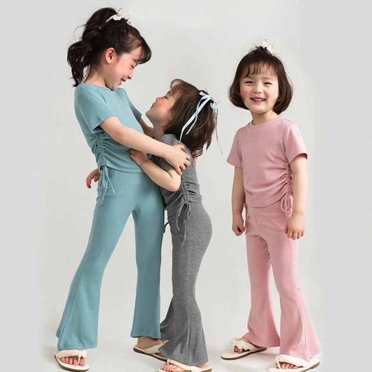 Kids Toddler Girls Casual Cute Solid Color Short Sleeve T-Shirt Flare Trousers Sets