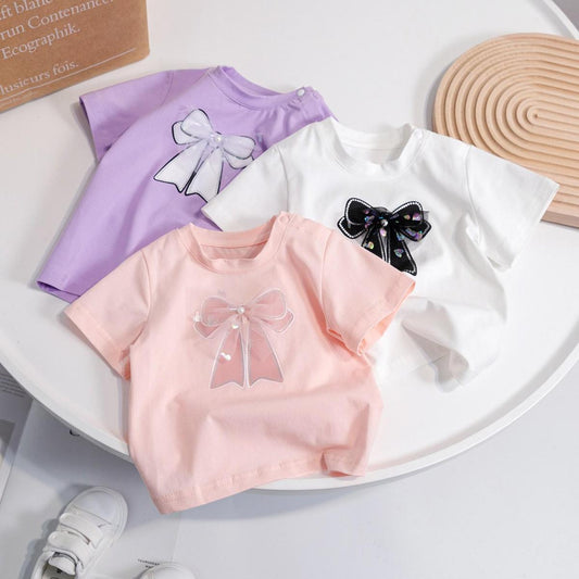 Girl'S Summer Short Sleeve Gauze Bow T-Shirt