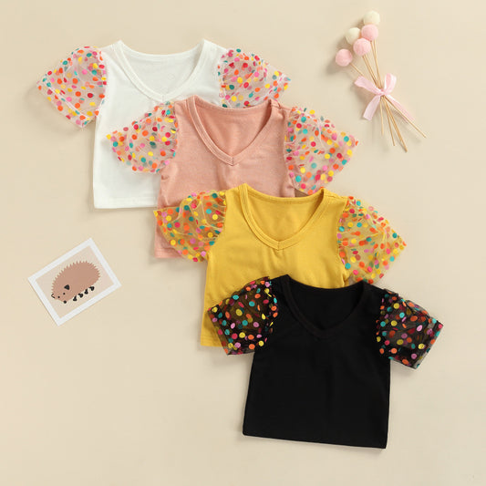 Kids Girls Casual Polka Dot Print V-neck Short Puff Sleeve T-shirt