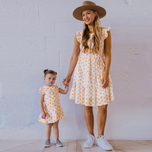 Women Fashion Vacation Ruffled Casual Floral Print Mother-Daughter Family Matching Dress