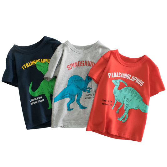 Kids Boys Casual Cartoon Dinosaur Letter Pattern Round Neck Short Sleeve Loose T-shirt
