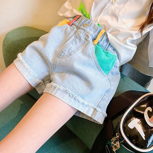 Children Kids Toddlers Fashion Girls Color Matching Thin Denim Shorts