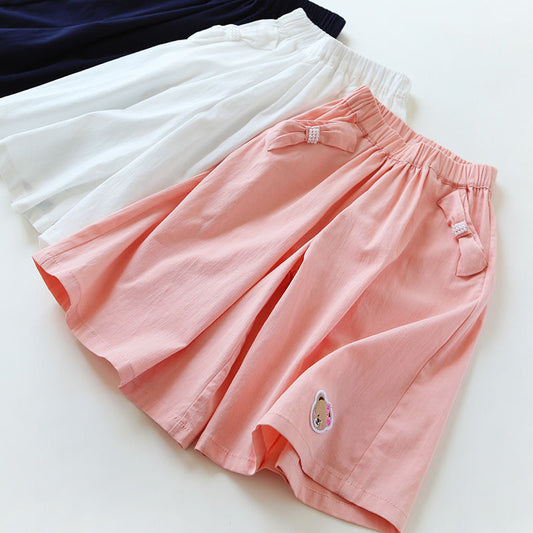 Kids Girls Casual Solid Color Cartoon Bear Decor Elastic Waist Loose Shorts