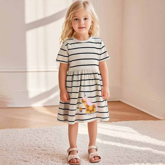Kids Toddler Girls Cute Cartoon Stripe Short Sleeve Dress