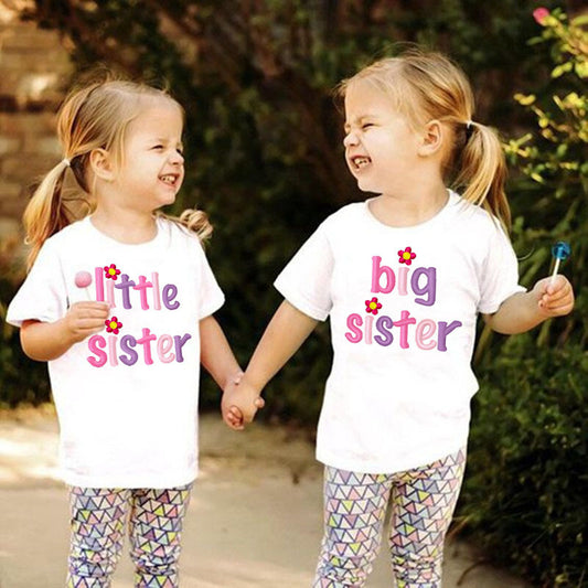 Children Kids Toddlers Girls Short Sleeves Sister Print T-Shirt