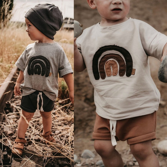 Kids Baby Boys Girls Casual Cute Basic Rainbow Stripe Short Sleeve Round Neck T-Shirt
