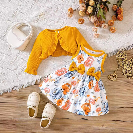 Kids Baby Girls Casual Tiny Flower Print Long Sleeve Cardigan Knitted Top Dress Sets