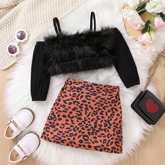 Toddlers Newborn Baby Knitted Long-Sleeved Strapless Tube Top And Leopard Skirt 2pcs Set