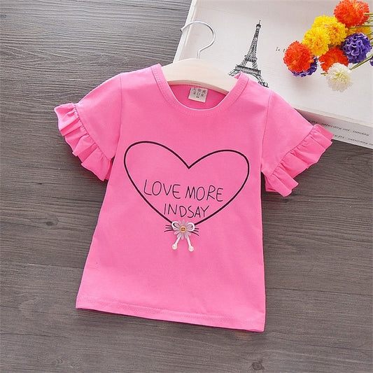 Baby Girls Basic Round Neck Letter Heart Pattern Puff Sleeve Stringy Selvedge T-shirt