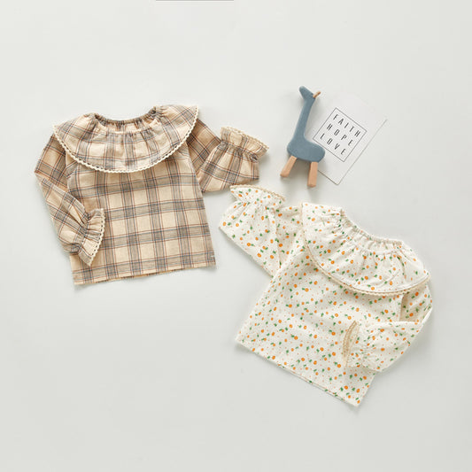 Kids Girls Cute Doll Collar Long Sleeve Plaid Floral All Over Print Blouse