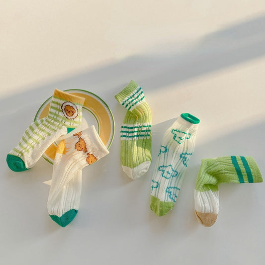 5pairs/set Kids Cute Cartoon Striped Comfortable Breathable Socks