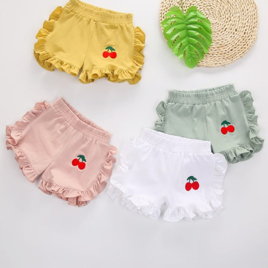 Kids Toddler Girls Fashion Cherry Embroidered Wood Ear Shorts