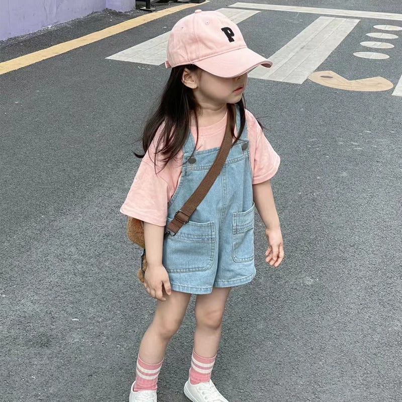 Children Kids Baby Fashion Girls Solid Color Strap Denim Shorts Romper