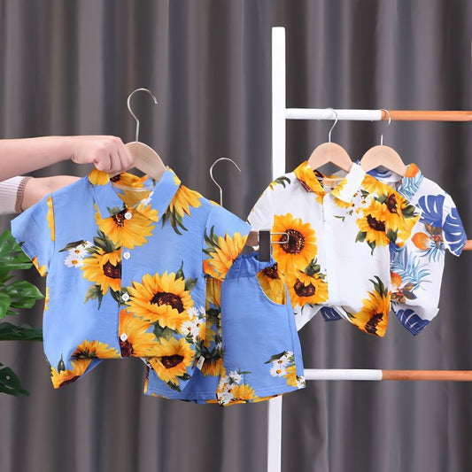 Boys' Fashion Short-Sleeved Printed Shirt Shorts Two-Piece Set